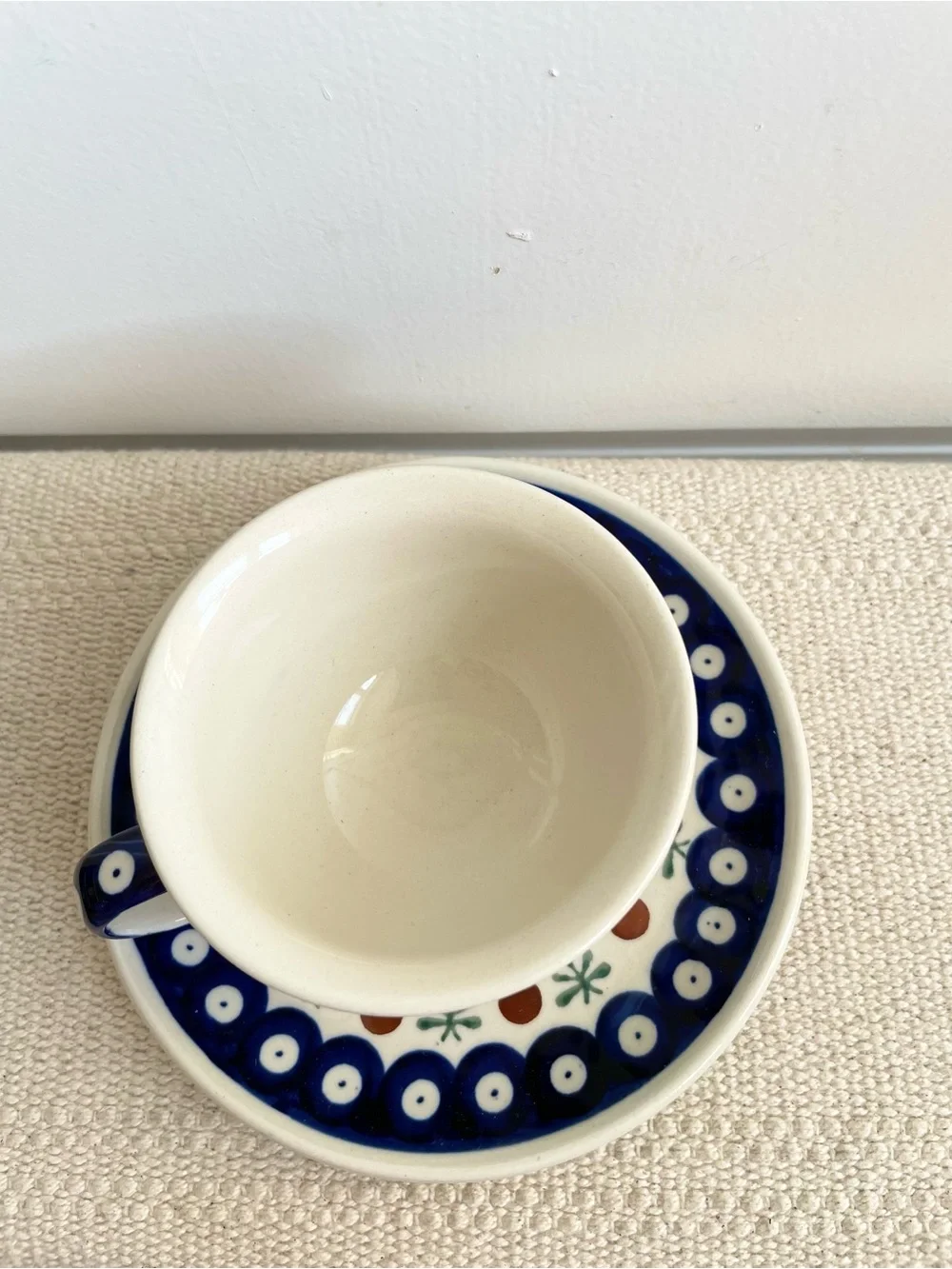Boleslawiec Polish Pottery Peacock Blue Eyes Tea Coffee Cup Saucer